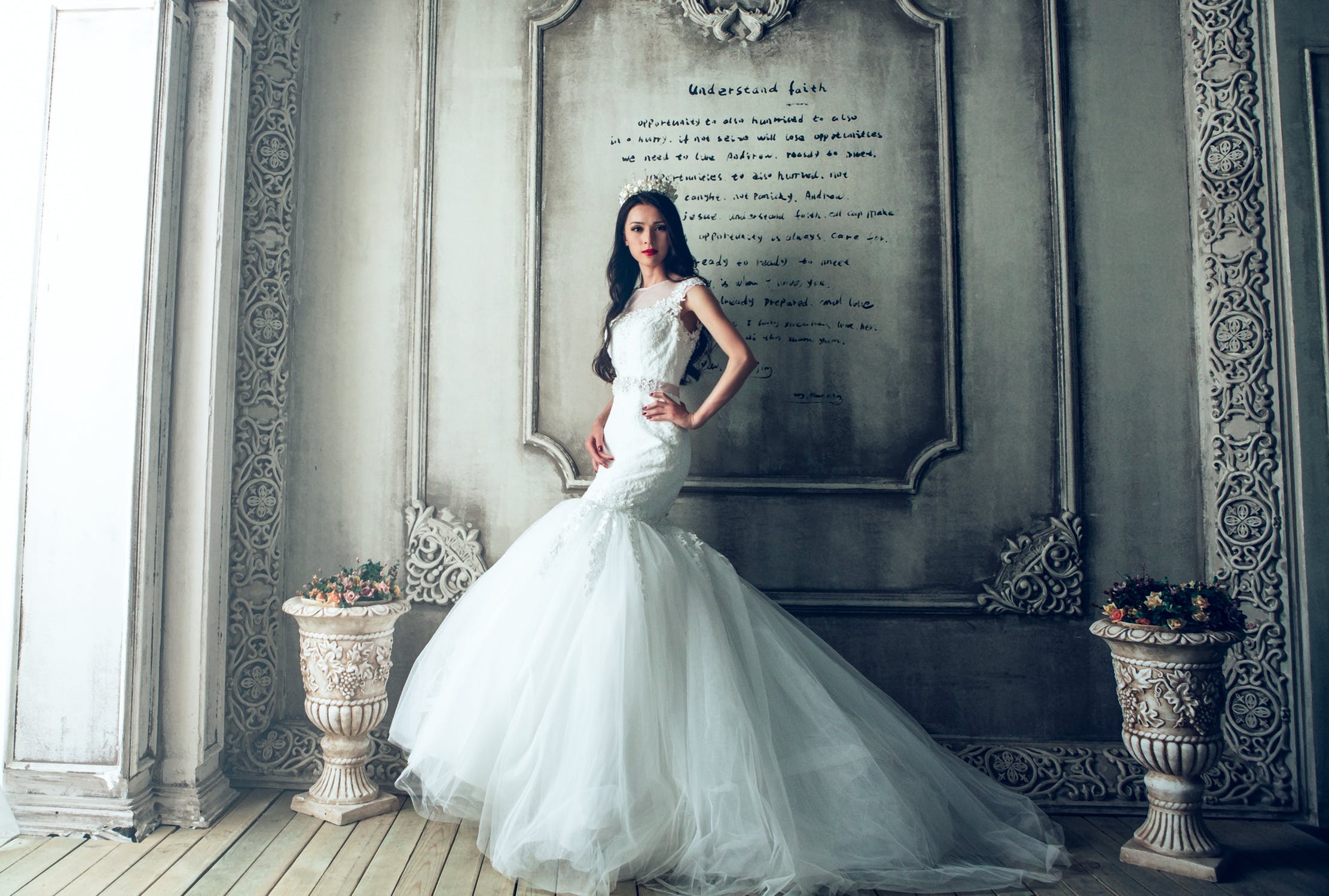 Wedding dress with 2024 veil and tiara