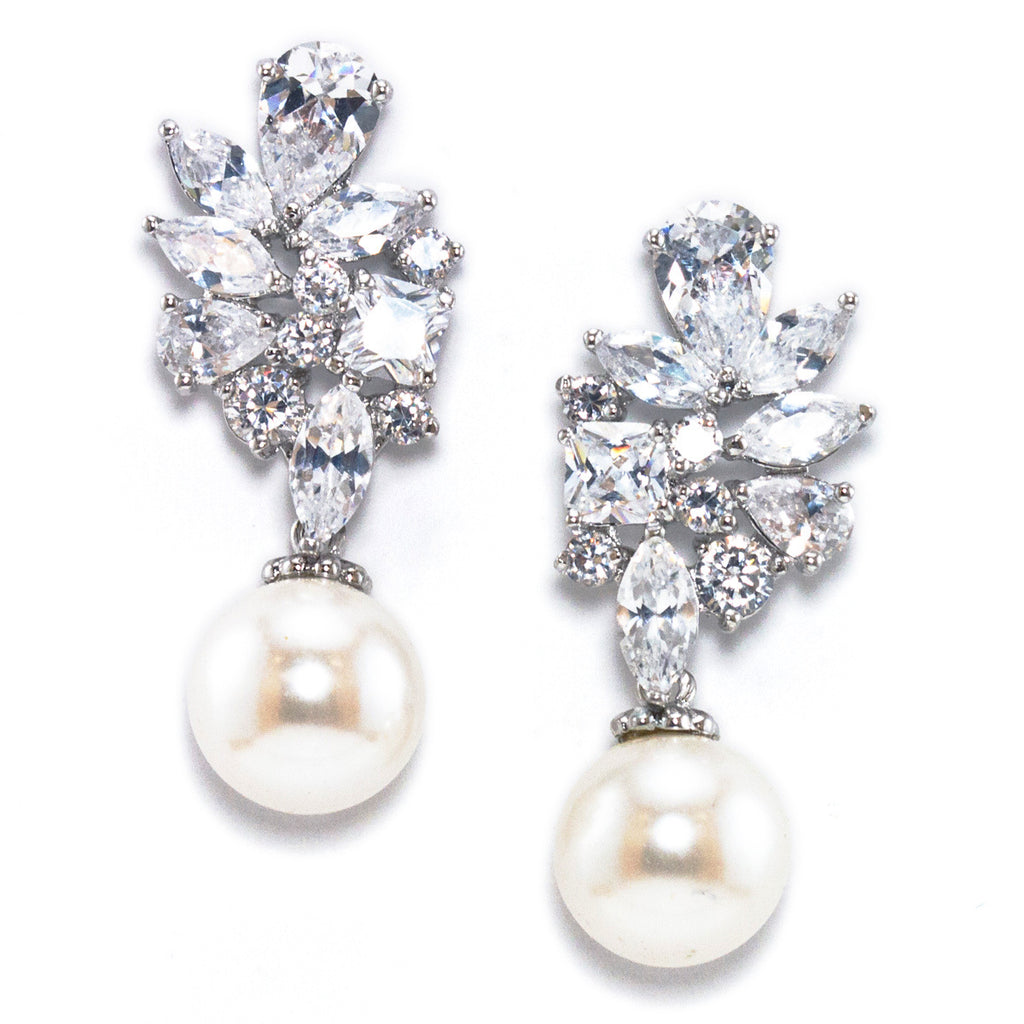 CZ and Teardrop Pearl Bridal Earrings in 14K Gold